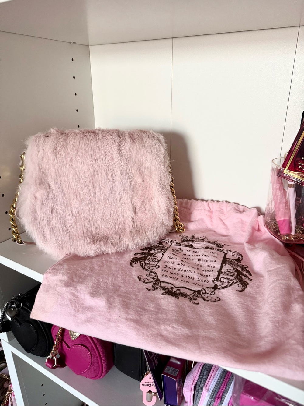 Vintage Juicy Couture Blush Pink 100% Rabbit Fur Crossbody with Gold Chain Strap